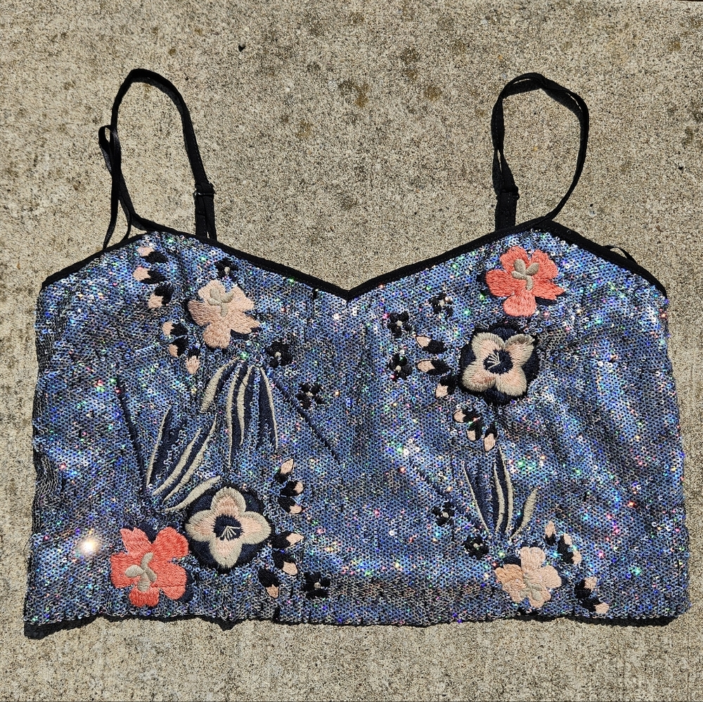 Glamorous Floral Silver Black Sequin Cropped Tank Top Small